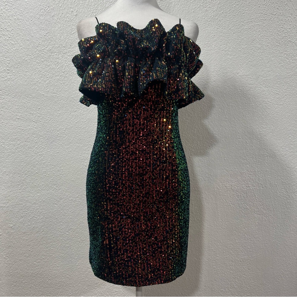 Green and Red Sequin‎ Ruffled Mini Dress